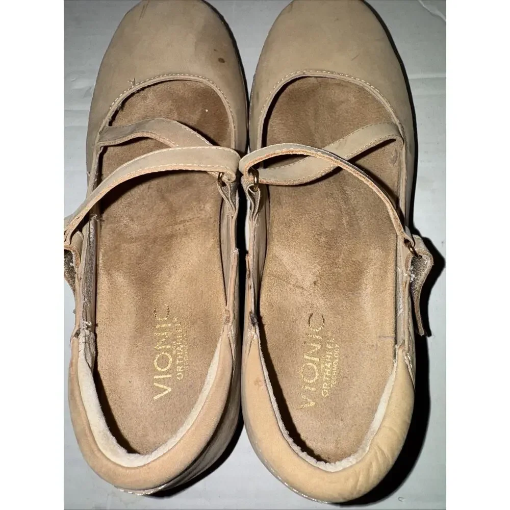 Vionic Judith Women's Beige Suede Mary Jane Flats Comfort Ortha Heel Shoes 8.5